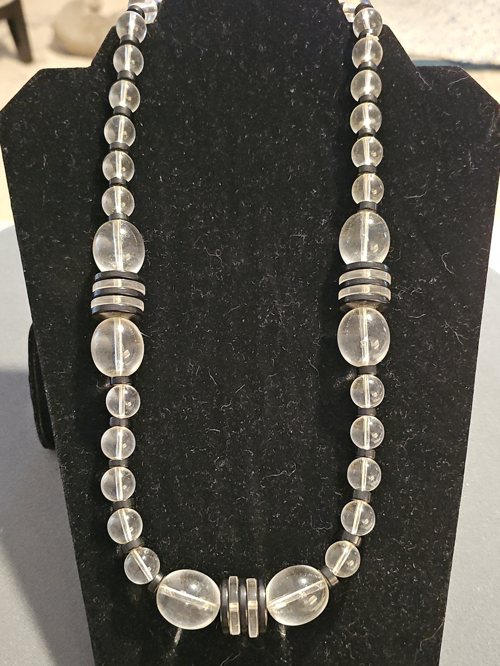 Art Deco Clear Lucite Bead Necklace with  Accent  Black Spacers. About 23" Long.